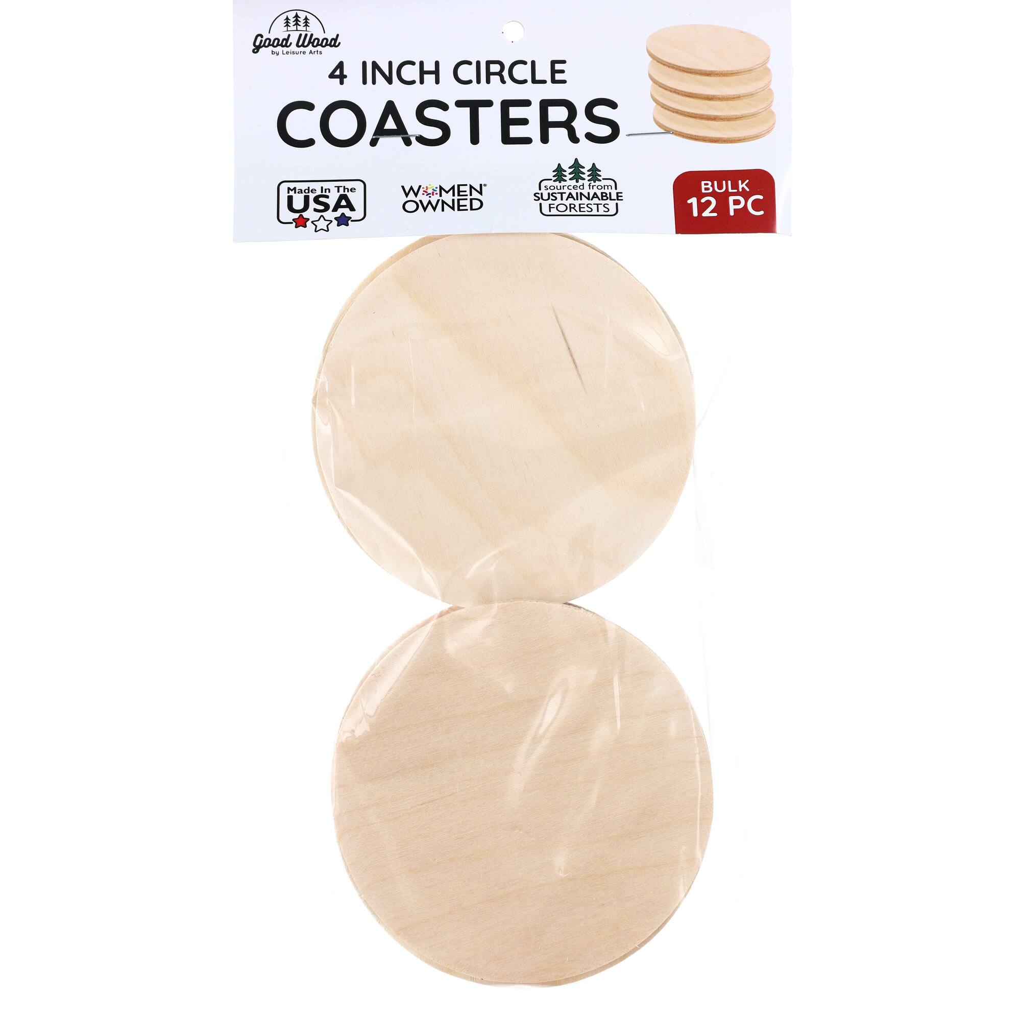 Good Wood by Leisure Arts 4" Round Wood Coasters, 12ct.